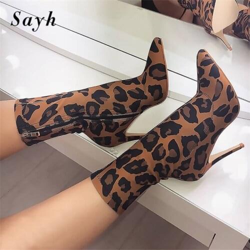 Autumn Boots Women Ankle Shoes Stretch Zip Leopard Sexy Shoes Pointy Toe Stilettos Boots Womens Boots for Women Sexy Shoes