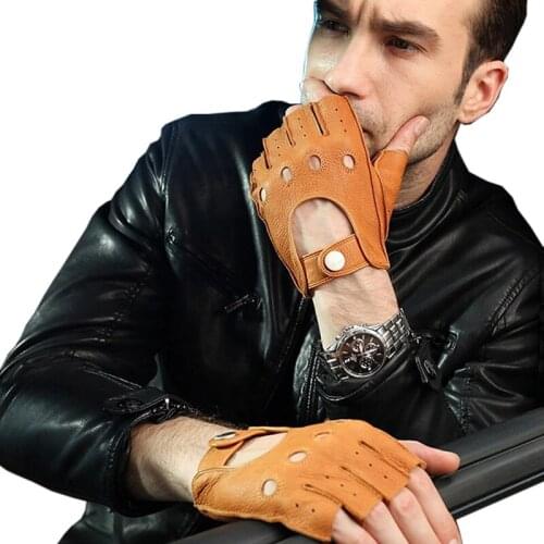 Mens Genuine Sheepskin Leather Glove Winter Half-finger Tactical Gloves Punk Cool Wrist Drive Ridding Mittens Fingerless S2194