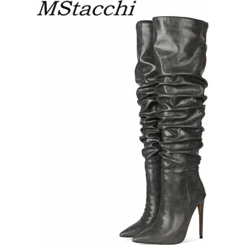 Mstacchi Microfiber Pleated Sexy Pointed Women High Heel Boots Solid Color Plush In Rome Classics Madam Shoes Botas Plataforma