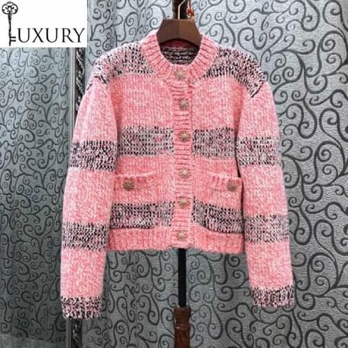 Wool High Sweaters Quality 2020 Autumn Winter Cardigans Women Striped Patterns Knitting Long Sleeve Casual Cardigan Coats Jacket