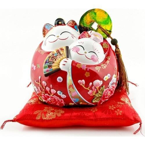EUROPEAN ART MANEKI NEKO STATUE FORTUNE CAT SCULPTURE PIGGY BANK CERAMIC CRAFTS PORCELAIN ANIMAL FIGURINE HOME DECORATION R4214