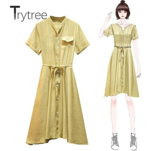 Trytree 2020 Summer Women Dress Casual Stand Collar A-line Single Breasted Mid-Calf Loose Fashion Elegant Office Lady Dress