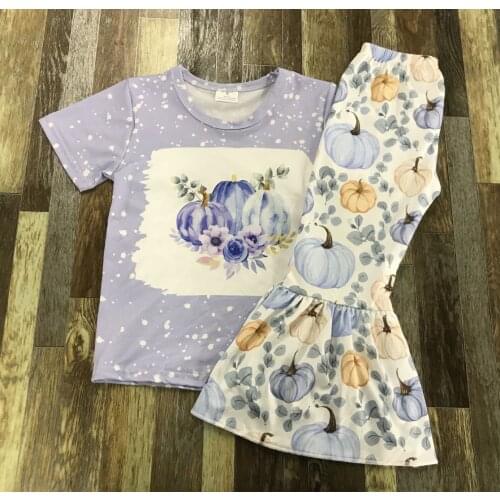High Quality Kids summer Clothing Cute Girl Purple Flare Short Sleeve Top Pumpkin Flower Full Print Flared Pants Set