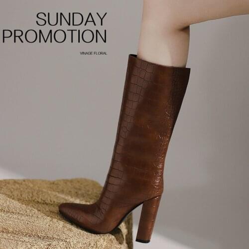 Autumn New Black Brown White Crocodile Skin Women Boots Fashion Sewing Square High Heels Winter Plus Size Lady Mid Boots 34-43