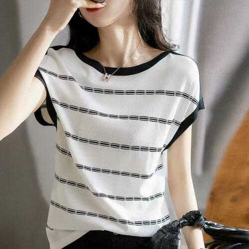 2021 Spring Summer Casual Short Sleeve Pullover Knitted sweater patchwork Color slim Thin Women Wear one neck Sweater jumper