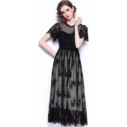 Summer Black Lace Dress High Quality Fashion Midi-calf Dress Women Short Sleeve Sheer See Through Vintage Party Dresses Vestido