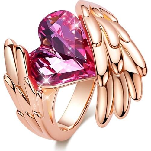 COCOM Angel Wing Women Ring Pink Heart Austrian Crystal Rose Gold Bague Femme Female Wedding Finger Ring Valentines Day Gift