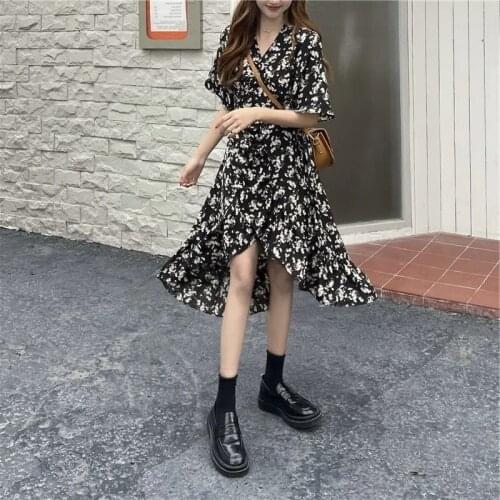 Summer Chic V-Neck Elegant Sweet Ruffle Dress Women Short sleeve Floral Dress Party Beach Dress For Females Korean Style 2021