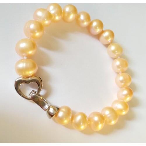 10mm pink real pearl Bracelet heart clasp Natural Freshwater Pearl Handmade Woman Jewelry Wedding