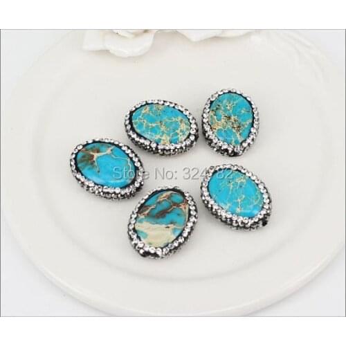 10pcs Nature Blue Stone Loose Beads with Crystal Rhinestone Paved,Oval Shape Beads For Jewelry Making
