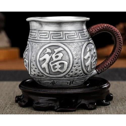 Pure silver 999 fair cup pure hand-engraved blessing Chinese style retro household silver Kungfu tea set