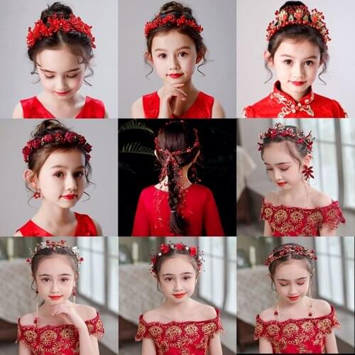 Baroque Vintage Gold Red Headbands For Kids Children Crystal Pearl Tiaras Hairbands With Earrings Women Bridemaid Hair Jewelry