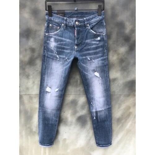 2021 Fashion Tide Brand Patch Applique Washed Frayed Holes Painted Micro-elastic Slim Feet Jeans 008