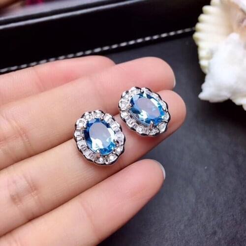 Classic Oval Stud Earrings Silver Needle Design With Blue AAA Zircon Exquisite Flower Jewelry For Women Wedding Party Spot Goods