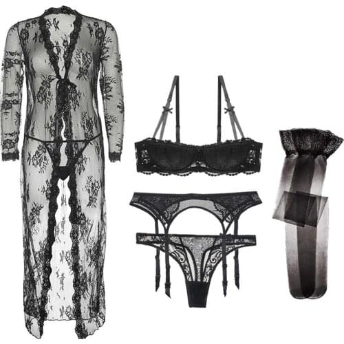 Sexy shell half cup underwire gather push up bra ladies embroidered lace underwear bra+2thong+garter+stockings+robe 6 piece set