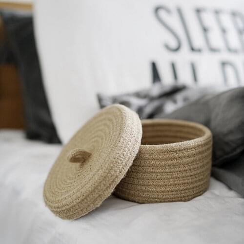 Nordic Hand Woven Jute Storage Basket With Lid Desktop Storage Box Makeup Organizer Home Decoration Accessories For Jewelry