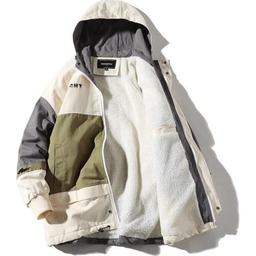 Autumn Winter Tooling Jackets Men Thicken Hooded Lamb Cotton Coat Patchwork Streetwear Couple Casual Loose Bomber Jacket