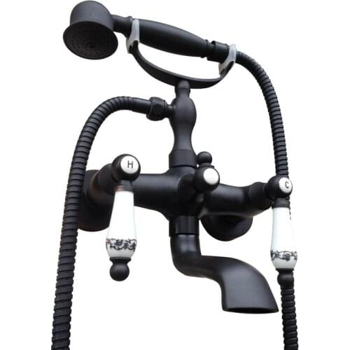 Black Oil Rubbed Brass Double Ceramic Handles Wall Mounted Claw Foot Bathroom Tub Faucet Mixer Tap With Handshower mtf602