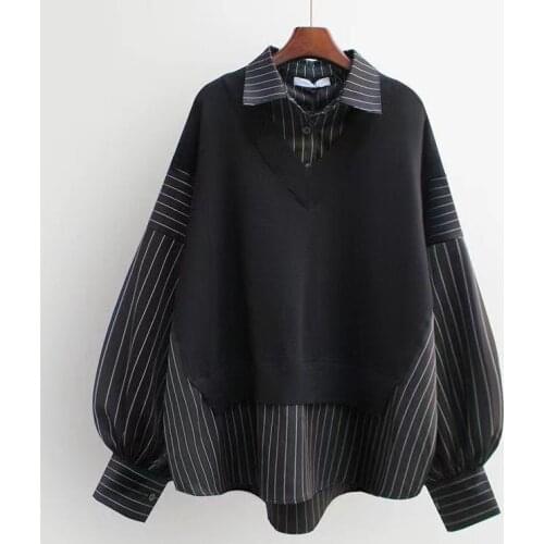 2021 Hot Lady Korean Large Big Plus Size Fat Women Clothes Long Sleeve Loose Tops Striped Patchwork Sweatshirt For Women Fashion
