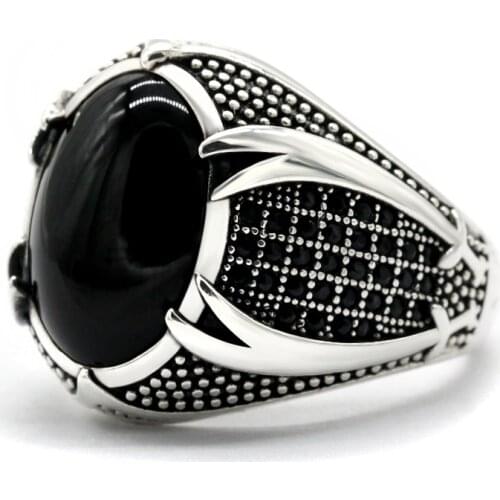 Islamic Double Swords Ring for Men Gift 925 Sterling Silver Natural Agate Stone Ring with CZ Muslim Religious Fine Jewelry Gift