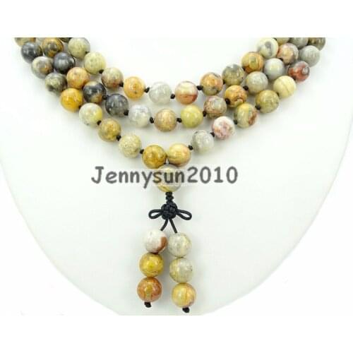 Natural Crazy Lace Aga-te 10mm Gems Stones Buddhist 108 Beads Prayer Mala Knot Necklace Multi-Purpose 5Strands/Pack