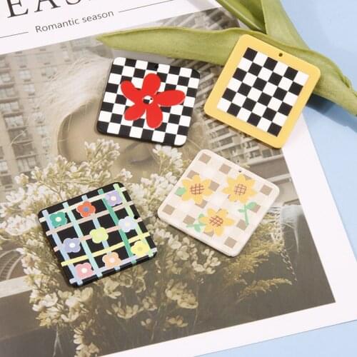 Wholesale 40pcs/lot color flowers/lattice pattern print geometry square shape acrylic beads diy jewelry earring accessory