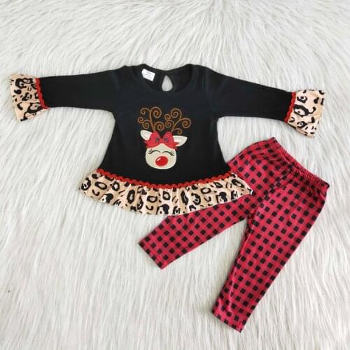 Wholesale Children High Quality Winter Clothes Girls Long Sleeve Christmas Outfit with Cute Deer kids 2Pieces Set With Plaid