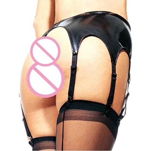 Sexy PU-Leather 6 strap Garter Belt + g string sexy Lingerie Synthetic Leather Suspender For Stocking