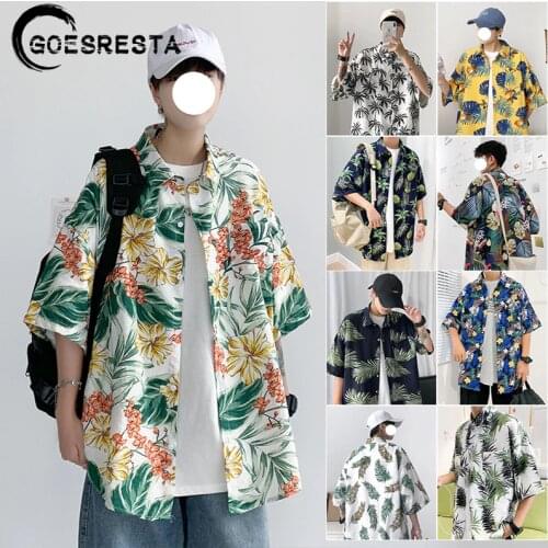2021 Summer Shirts Men Oversized Streetwear Korean Plant Printing Jacket Hawaiian Beach Vacation Harajuku Men Short Sleeve Shirt