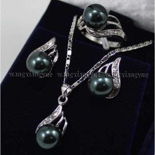 Black South sea Shell Pearl Earrings Ring & Necklace Pendant Set AAA+ Top Grade Jewelry