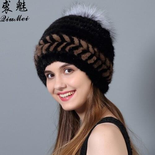 QiuMei Female Hats Natural Mink Fur New Beanies Hat Striped Genuine Fur Thick Knitted Lining Fox Fur Pompom Mink Fur Beanie 2018