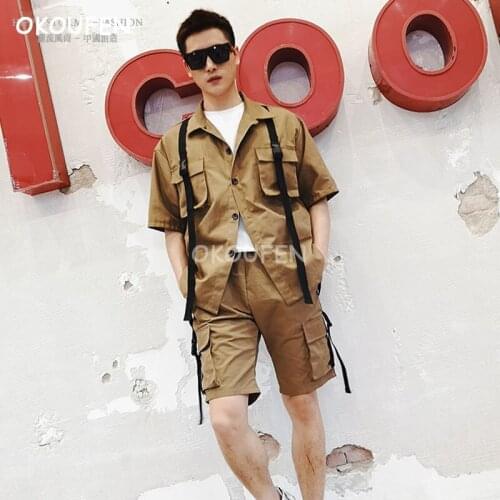 Camel tooling short-sleeved shirt loose ribbon shirt country tide hip-hop pocket casual shirt