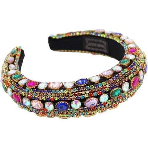Female Girls Headwear Accessories Handmade Baroque Tiaras Wide Headband Luxurious Color Crystal Rhinestones Hair Hoop