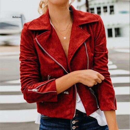 Autumn Winter Womens Suede Leather Jacket Flight Ladies Coat Zip Up Biker Casual Tops Clothes Cool Outwears New Fashion