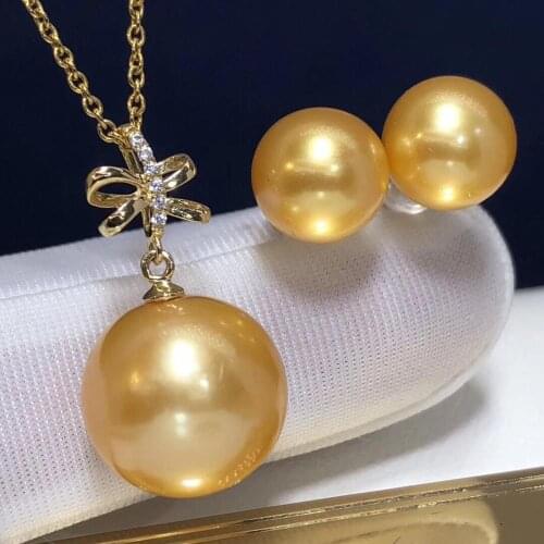 Fine Jewelry 18K Yellow Gold Natural Fresh Water Golden Pearl 8-13mm Females Jewelry Sets for Women FIne Jewelry Sets