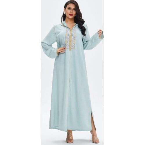 Ladys Embroidery Long Dress Muslim Robe High waist Long Sleeve Casual Swing dresses for Women Cotton 2021 New