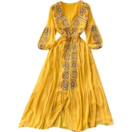New Spring Autumn Women Sexy V-Neck Three Quarter Sleeve Loose Long Dress High Quality Retro Embroidery Vacation Dress