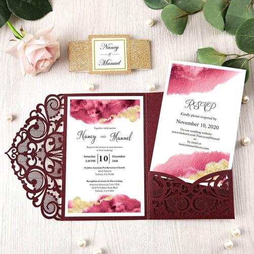 50 pcs New Style Burgundy Elegant Hollow Floral Laser Cut Luxury Wedding Invitation Cards with Envelope