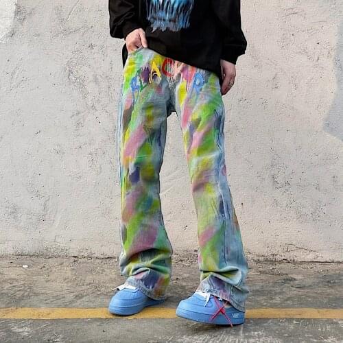 American Street Wear Style Hip Hop Graffiti Rainbow Print Jeans Mens Fashion Brand Loose Flared Pants Men Clothing