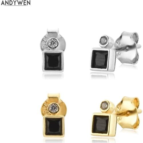 ANDYWEN 925 Sterling Silver Square Zircon CZ Stud Earring Piercing Luxury Pendiente Luxury Jewelry Clips Small Tiny Jewels