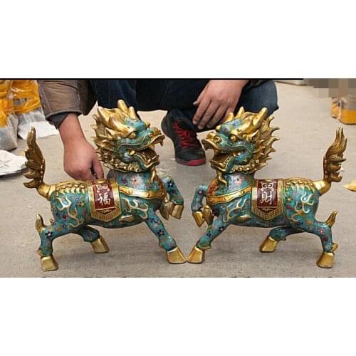Free 14" Chinese Cloisonne Enamel Bronze Gilt Dragon Kylin Unicorn Beast Statue Pair fast