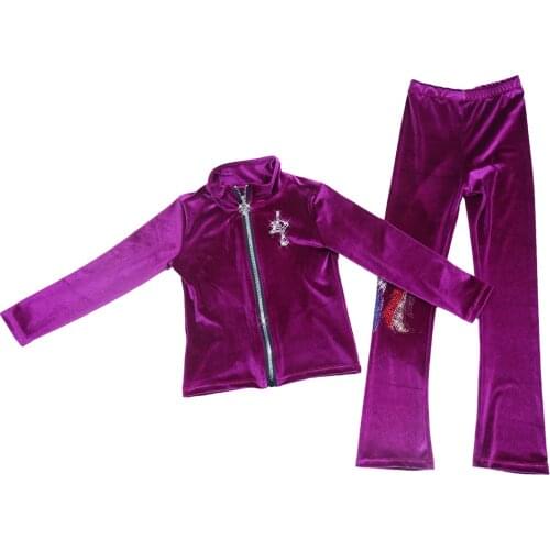 Figure Skating pants Jackets Girls Purple Velvet Skating Practise Wear Women Skiing ice skating Pants Training Outfits Rhineston