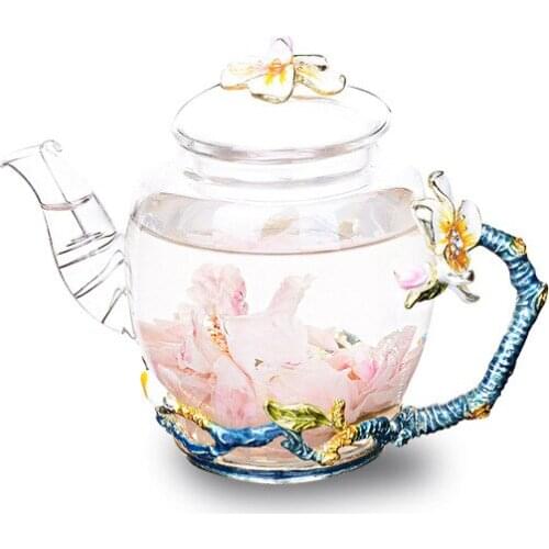 Tea set wedding High grade flower tea kettle hand-painted Kungfu teapot heat-resistant glass single pot enamel color teapo
