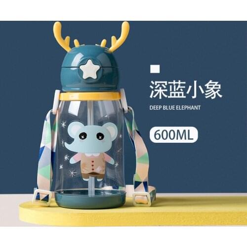 Cute Antlers Childrens Cup Summer Sippy Cups Portable Cartoon Plastic Kids Water Bottle with Straw and Strap