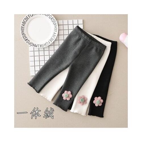 2021 Autumn and Winter Little Girls Velvet Leggings Childrens Plus Velvet Warm Pants Baby Stretch Pants Flower Velvet Trousers
