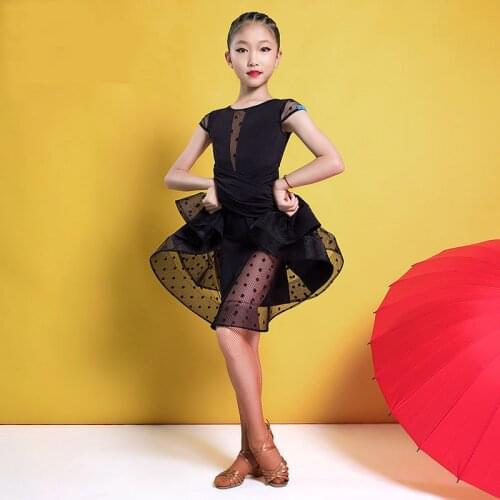 Fashion Gauze Dotted Ballroom Children Latin dance One-Piece Dress for Little Girl/Kid,Costume Practice Performance Wears G3228