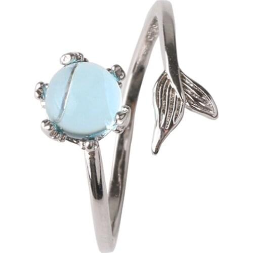 Sea Blue Zircon Crystal Mermaid Tail Adjustable Open Ring Women Girls Dainty Jewelry