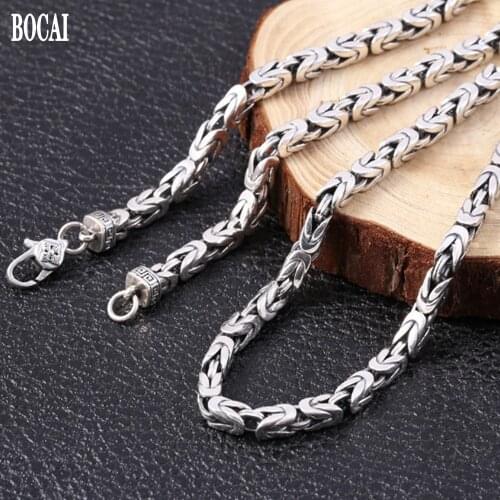 BOCAI New real S925 sterling silver jewelry vintage Thai silver fashionable peace pattern personality buckle head mens necklace