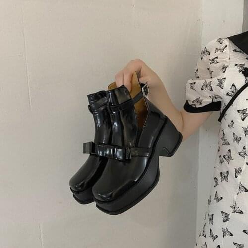 2021New Thick-soled bow ankle boots, leather thick-heeled womens ankle boots, waterproof platform single shoes, high heels