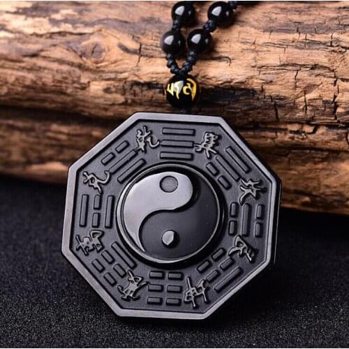 HFANCYW Hot Sale Natural Obsidian Eight Diagrams Pendant Six Word Beads Necklace Adjustable Chain High Quality Wholesale Jewelry